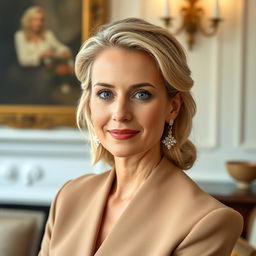 A portrait of a 35-year-old European woman with light hair and light skin