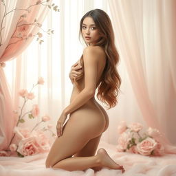 A tasteful artistic interpretation of a female figure with long hair reminiscent of Ariana Grande, posed elegantly with strategically placed elements for modesty