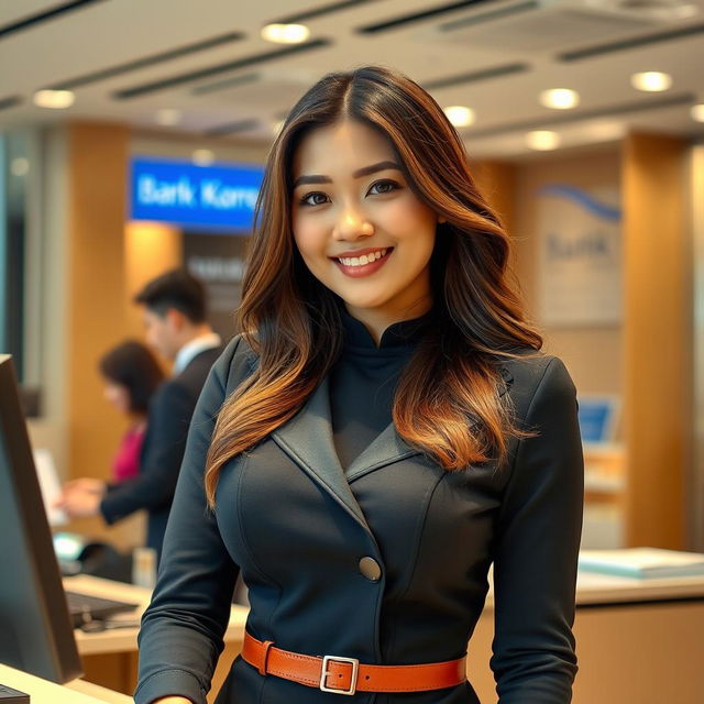 A beautiful Indo-Korean woman with a curvy figure, working as a bank teller