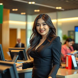 A beautiful Indo-Korean woman with a curvy figure, working as a bank teller