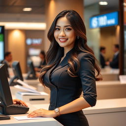 A beautiful Indo-Korean woman with a curvy figure, working as a bank teller
