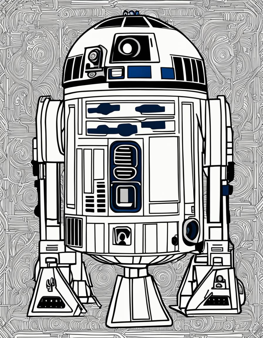 Wes Anderson-inspired Star Wars-themed coloring page featuring R2-D2.