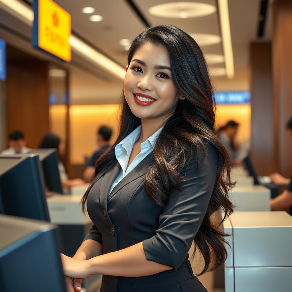 A beautiful Indo-Korean woman with a curvy figure, working as a bank teller