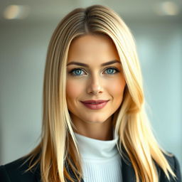 A portrait of a 35-year-old European woman with straight blond hair styled elegantly