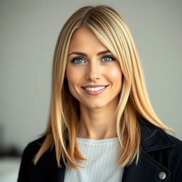 A portrait of a 35-year-old European woman with straight blond hair styled elegantly