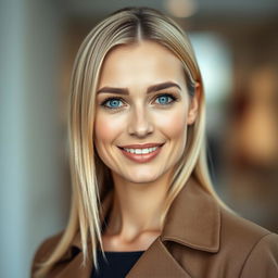 A portrait of a 35-year-old European woman with straight blond hair styled elegantly