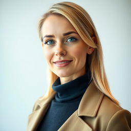 A portrait of a 35-year-old European woman with straight blond hair styled elegantly