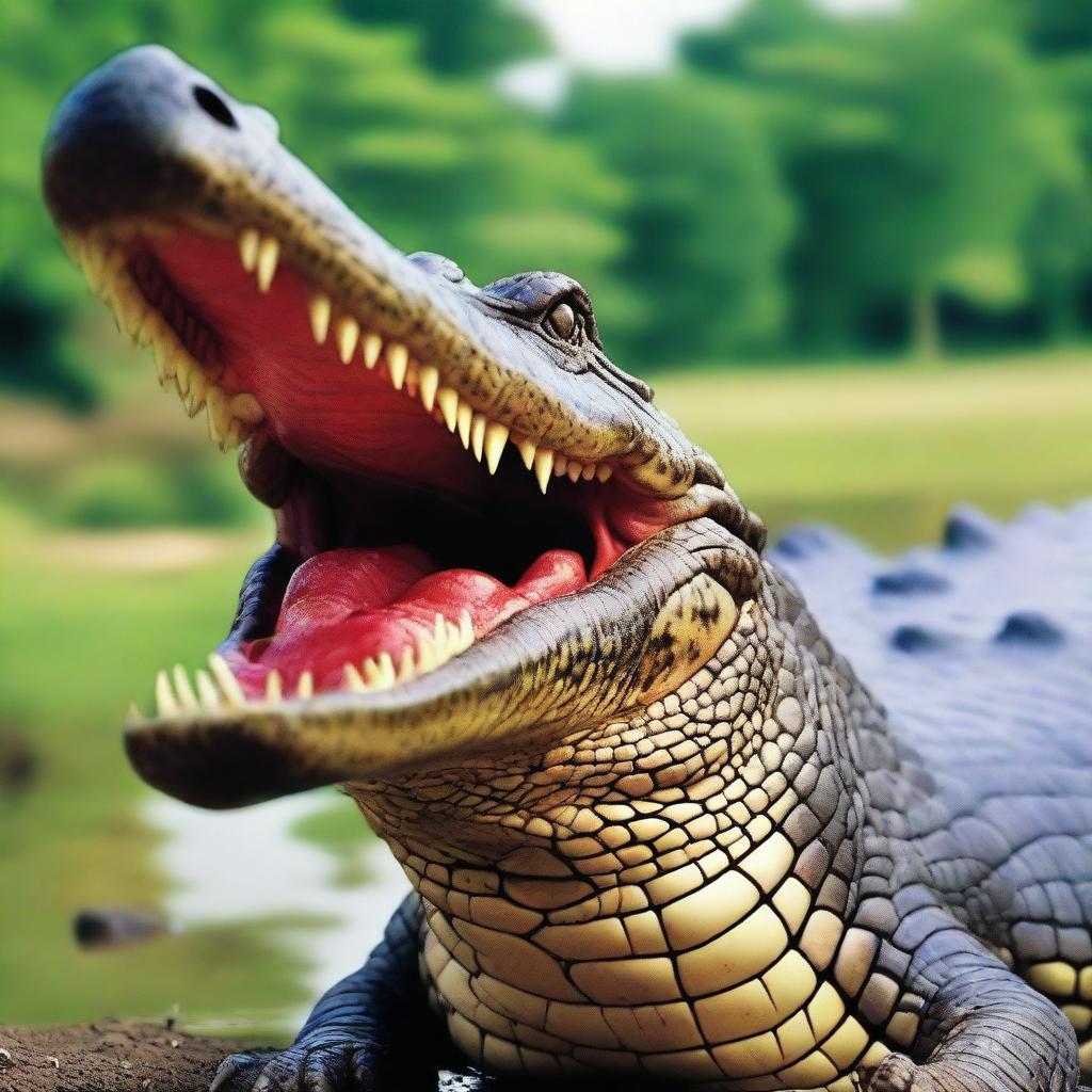 A crocodile with peculiar features: it has a set of perfectly straight human teeth in its intimidating jaw and long flowing human hair drooping over its scaly back, creating a curious, surreal spectacle