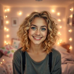 A young woman with curly blonde hair, smiling warmly at the camera in her cozy bedroom filled with soft, ambient lighting