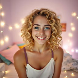 A young woman with curly blonde hair, smiling warmly at the camera in her cozy bedroom filled with soft, ambient lighting