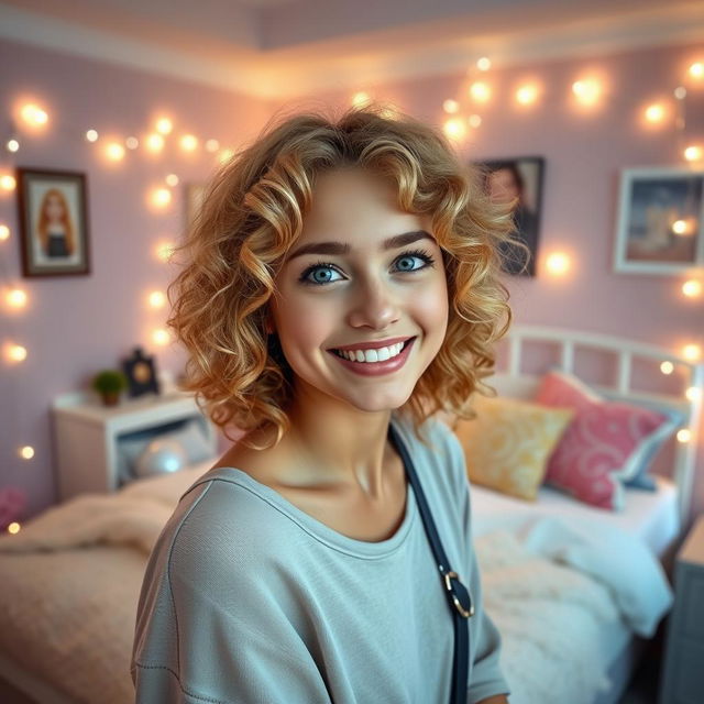 A young woman with curly blonde hair, smiling warmly at the camera in her cozy bedroom filled with soft, ambient lighting