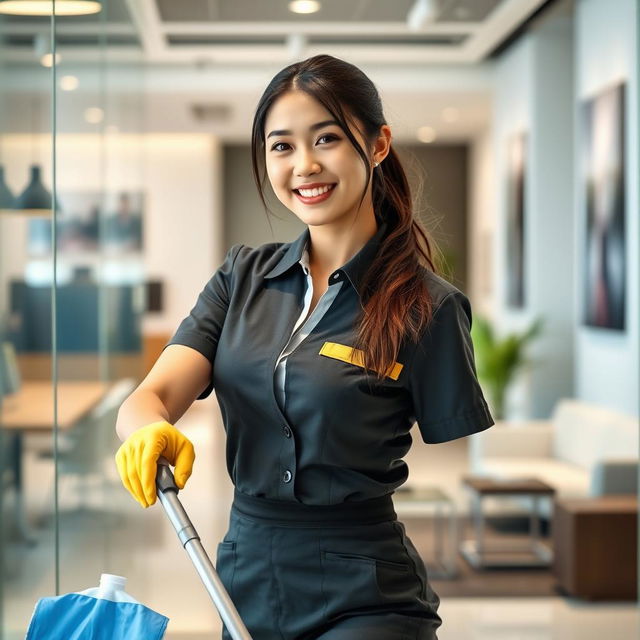 A beautiful Indo-Korean woman with an attractive figure, working as a cleaning staff member