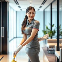 A beautiful Indo-Korean woman with an attractive figure, working as a cleaning staff member