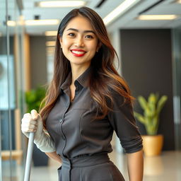 A beautiful Indo-Korean woman with an attractive figure, working as a cleaning staff member