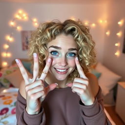 A young woman with curly blonde hair, playfully smiling and posing with two fingers raised in front of her face in her cozy bedroom