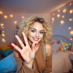 A young woman with curly blonde hair, playfully smiling and posing with two fingers raised in front of her face in her cozy bedroom