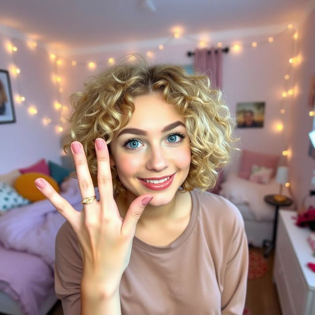 A young woman with curly blonde hair, playfully smiling and posing with two fingers raised in front of her face in her cozy bedroom