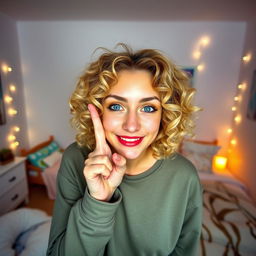 A young woman with curly blonde hair, playfully smiling and posing with two fingers raised in front of her face in her cozy bedroom