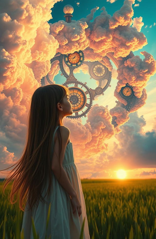 A serene scene featuring a girl gazing up at an extraordinary sky that resembles a swirling time machine, filled with vibrant colors and intricate patterns like clocks and gears integrated into the clouds