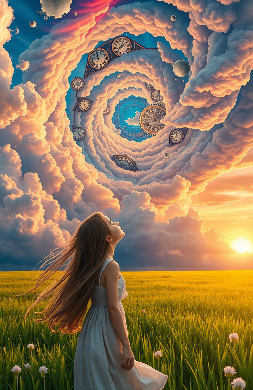 A serene scene featuring a girl gazing up at an extraordinary sky that resembles a swirling time machine, filled with vibrant colors and intricate patterns like clocks and gears integrated into the clouds