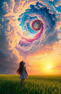 A serene scene featuring a girl gazing up at an extraordinary sky that resembles a swirling time machine, filled with vibrant colors and intricate patterns like clocks and gears integrated into the clouds