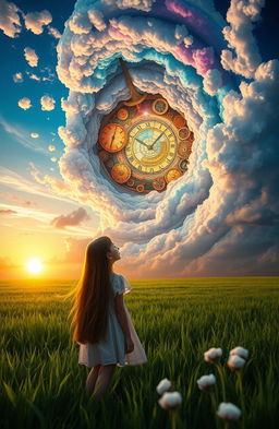 A serene scene featuring a girl gazing up at an extraordinary sky that resembles a swirling time machine, filled with vibrant colors and intricate patterns like clocks and gears integrated into the clouds