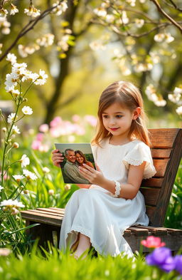 A serene spring scene featuring a girl sitting on a rustic wooden bench in a lush green garden, surrounded by blooming flowers and gently swaying trees
