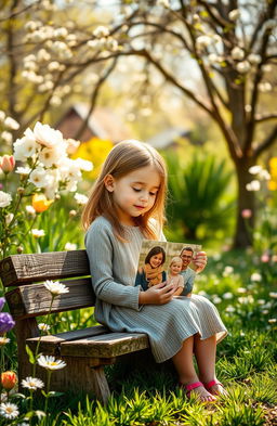 A serene spring scene featuring a girl sitting on a rustic wooden bench in a lush green garden, surrounded by blooming flowers and gently swaying trees