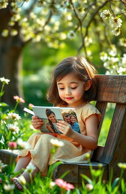 A serene spring scene featuring a girl sitting on a rustic wooden bench in a lush green garden, surrounded by blooming flowers and gently swaying trees