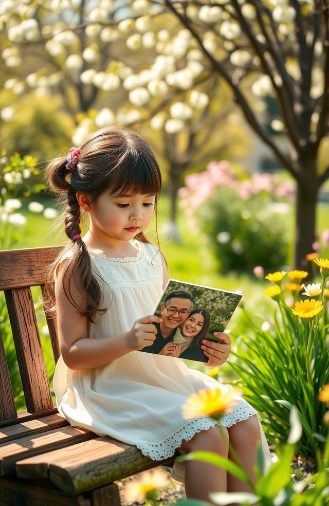 A serene spring scene featuring a girl sitting on a rustic wooden bench in a lush green garden, surrounded by blooming flowers and gently swaying trees