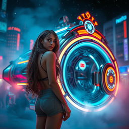 A captivating scene featuring a girl looking over her shoulder with a curious expression, standing next to a futuristic time machine that glows with neon lights and intricate designs