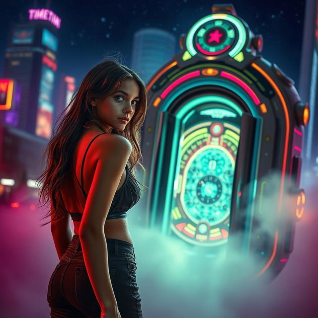 A captivating scene featuring a girl looking over her shoulder with a curious expression, standing next to a futuristic time machine that glows with neon lights and intricate designs