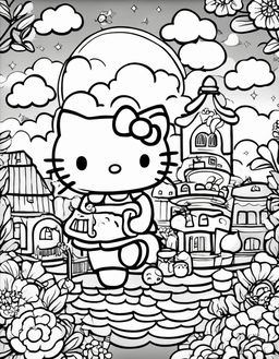 Black and white colouring book page featuring Hello Kitty in a playful scene with a cupcake, a charming house, fluffy clouds and a smiling sun