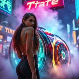 A captivating scene featuring a girl looking over her shoulder with a curious expression, standing next to a futuristic time machine that glows with neon lights and intricate designs