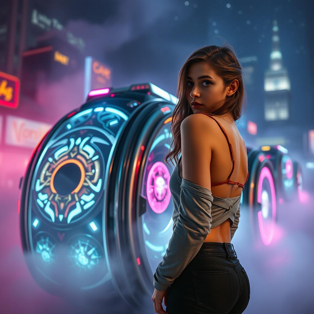 A captivating scene featuring a girl looking over her shoulder with a curious expression, standing next to a futuristic time machine that glows with neon lights and intricate designs