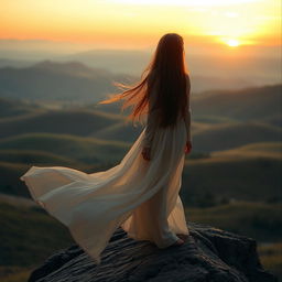 An evocative scene featuring a girl with long, flowing hair, standing on a rocky cliff, gazing pensively into the distance as if looking back at the past