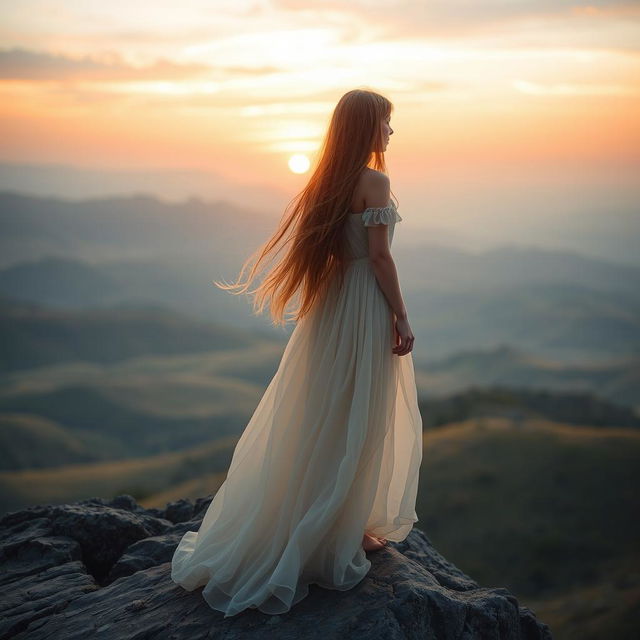 An evocative scene featuring a girl with long, flowing hair, standing on a rocky cliff, gazing pensively into the distance as if looking back at the past