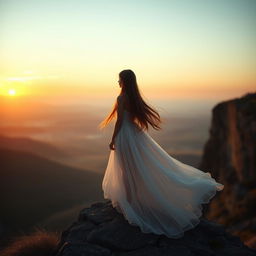 An evocative scene featuring a girl with long, flowing hair, standing on a rocky cliff, gazing pensively into the distance as if looking back at the past