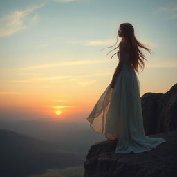 An evocative scene featuring a girl with long, flowing hair, standing on a rocky cliff, gazing pensively into the distance as if looking back at the past