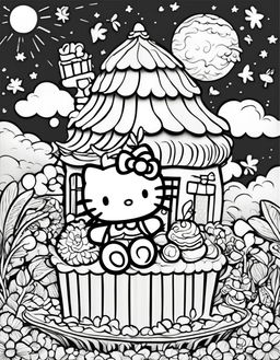 Black and white colouring book page featuring Hello Kitty in a playful scene with a cupcake, a charming house, fluffy clouds and a smiling sun