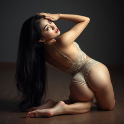 A seductive 25-year-old Chinese woman in a provocative pose on all fours, wearing elegant lace lingerie that enhances her curves and highlights her silhouette, showing off her backside enticingly
