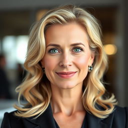 A captivating portrait of a 40-year-old European woman with wavy blonde hair cascading gracefully over her shoulders