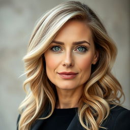 A captivating portrait of a 40-year-old European woman with wavy blonde hair cascading gracefully over her shoulders