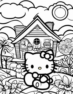 Black and white colouring book page featuring Hello Kitty in a playful scene with a cupcake, a charming house, fluffy clouds and a smiling sun