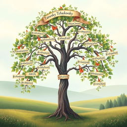 A beautifully illustrated family tree showcasing the line of Sudak family associated with Tchaikovsky, adorned with intricate details and lush foliage