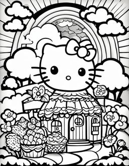 Black and white colouring book page featuring Hello Kitty in a playful scene with a cupcake, a charming house, fluffy clouds and a smiling sun