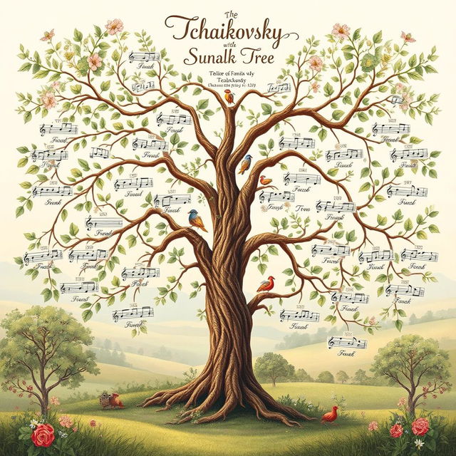 A beautifully illustrated family tree showcasing the line of Sudak family associated with Tchaikovsky, adorned with intricate details and lush foliage