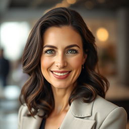 A striking portrait of a 40-year-old woman of European descent, featuring graceful facial features that reflect her age with elegance