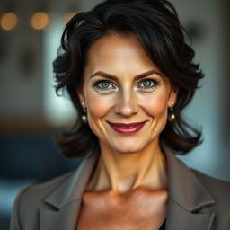 A striking portrait of a 40-year-old woman of European descent, featuring graceful facial features that reflect her age with elegance