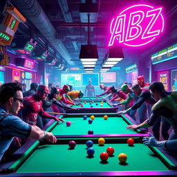 A vibrant billiard hall scene teeming with superheroes engaging in friendly games